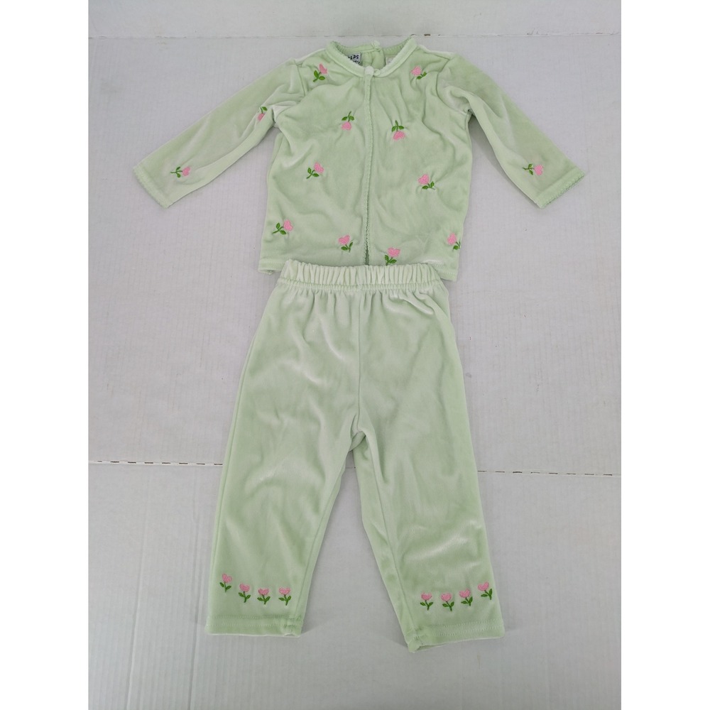 Vintage Y2K Kids Play Baby Girl 12M Velour Outfit Set Mint Green Rose Floral